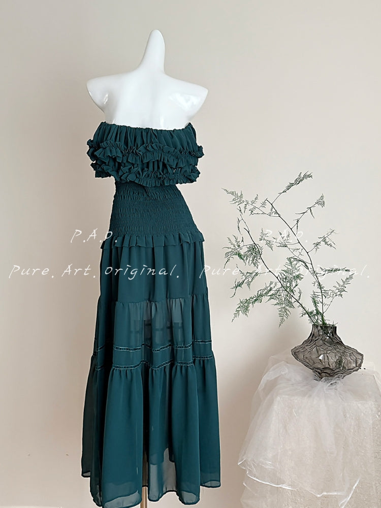 VALENZA STRAPLESS RUFFLE MAXI DRESS