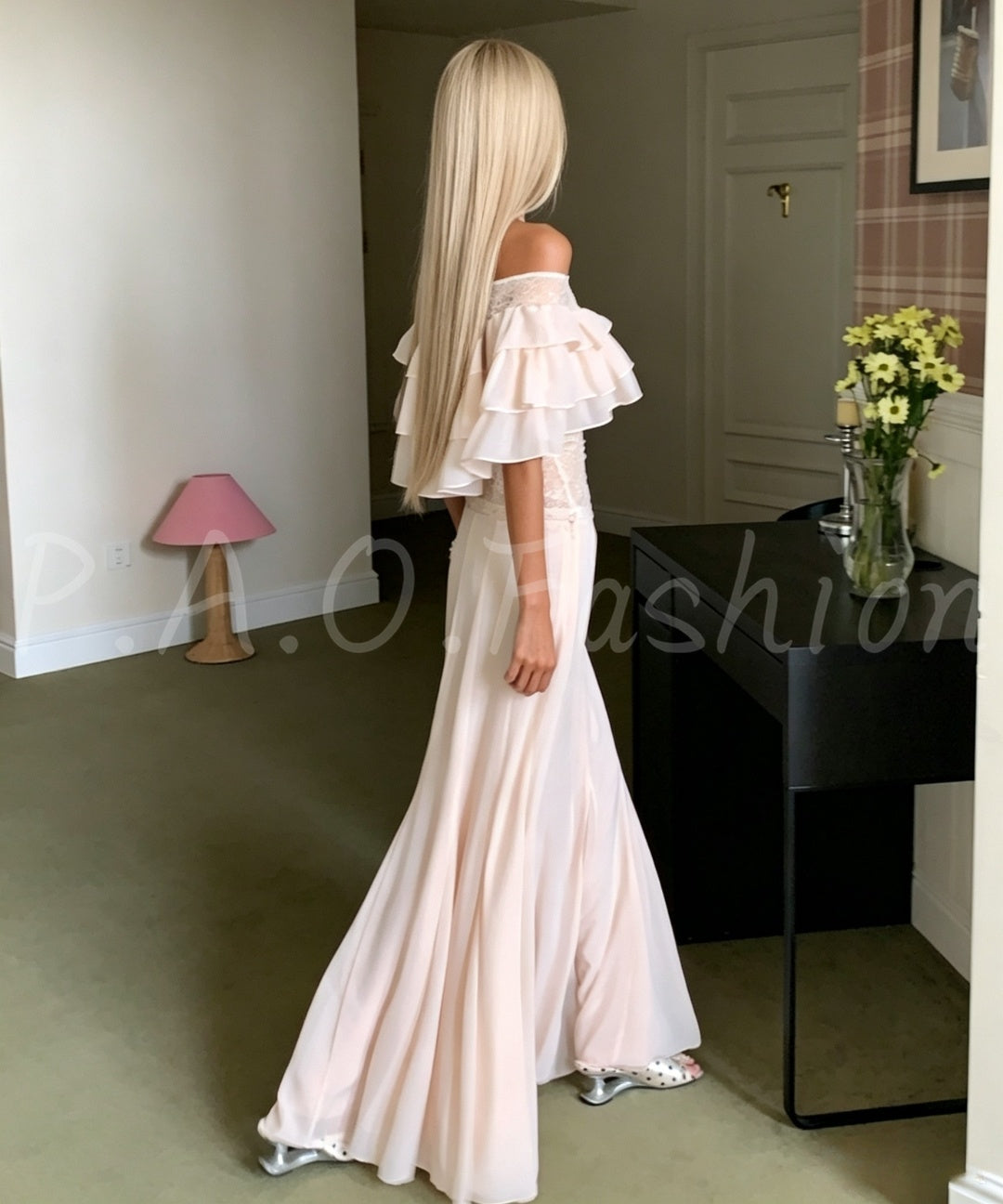 Off-Shoulder Ruffle Lace Top & Flowing Maxi Skirt Two-Piece Set
