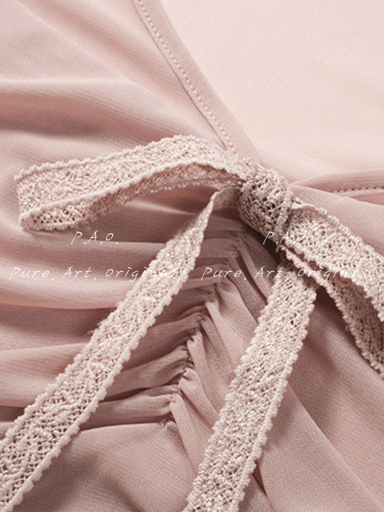 V-Neck Mesh Lace Skirt Set
