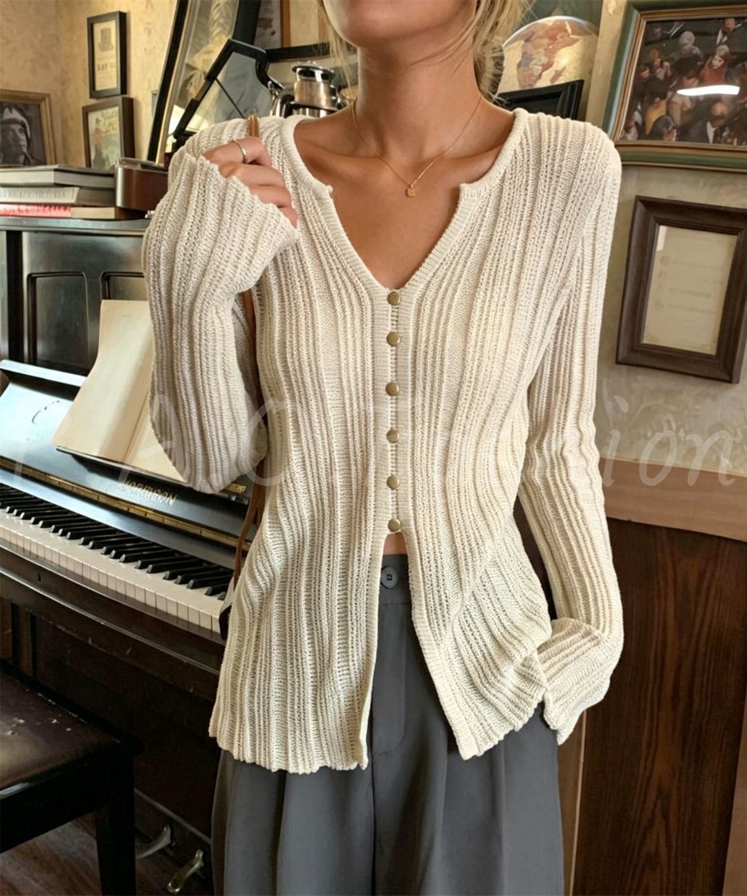 Ribbed V-Neck Button Knit Cardigan