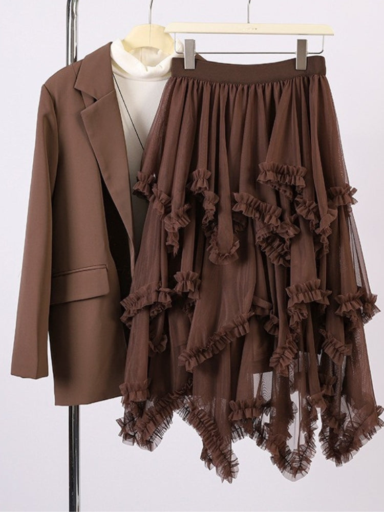 Ruffled Mesh Panel Midi Skirt