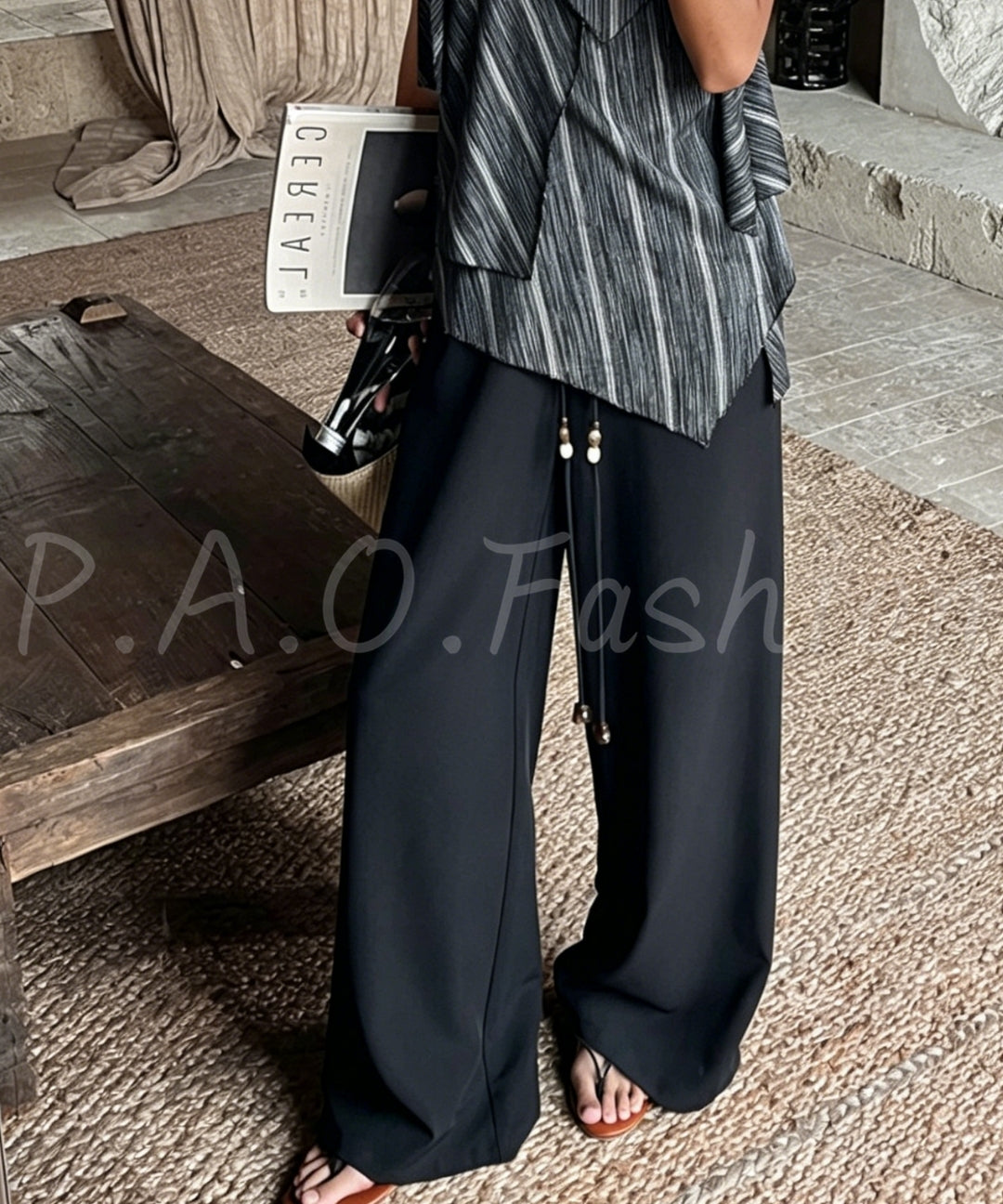 Draped Wide-Leg Pants with Beaded Drawstring[Available Now]