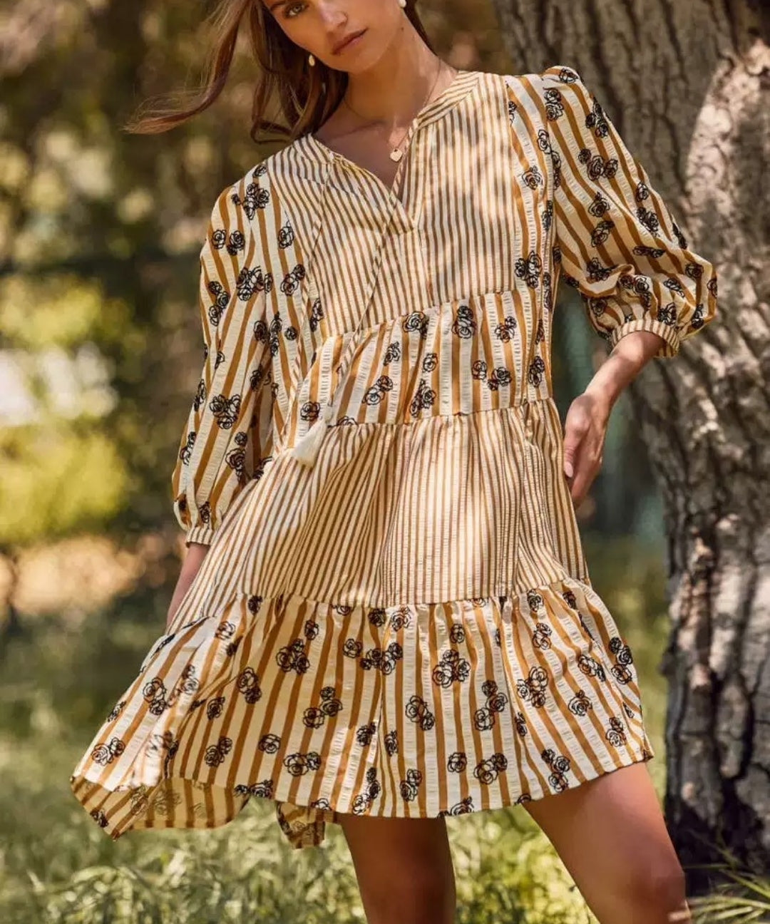 Striped Floral Embroidered Babydoll Dress