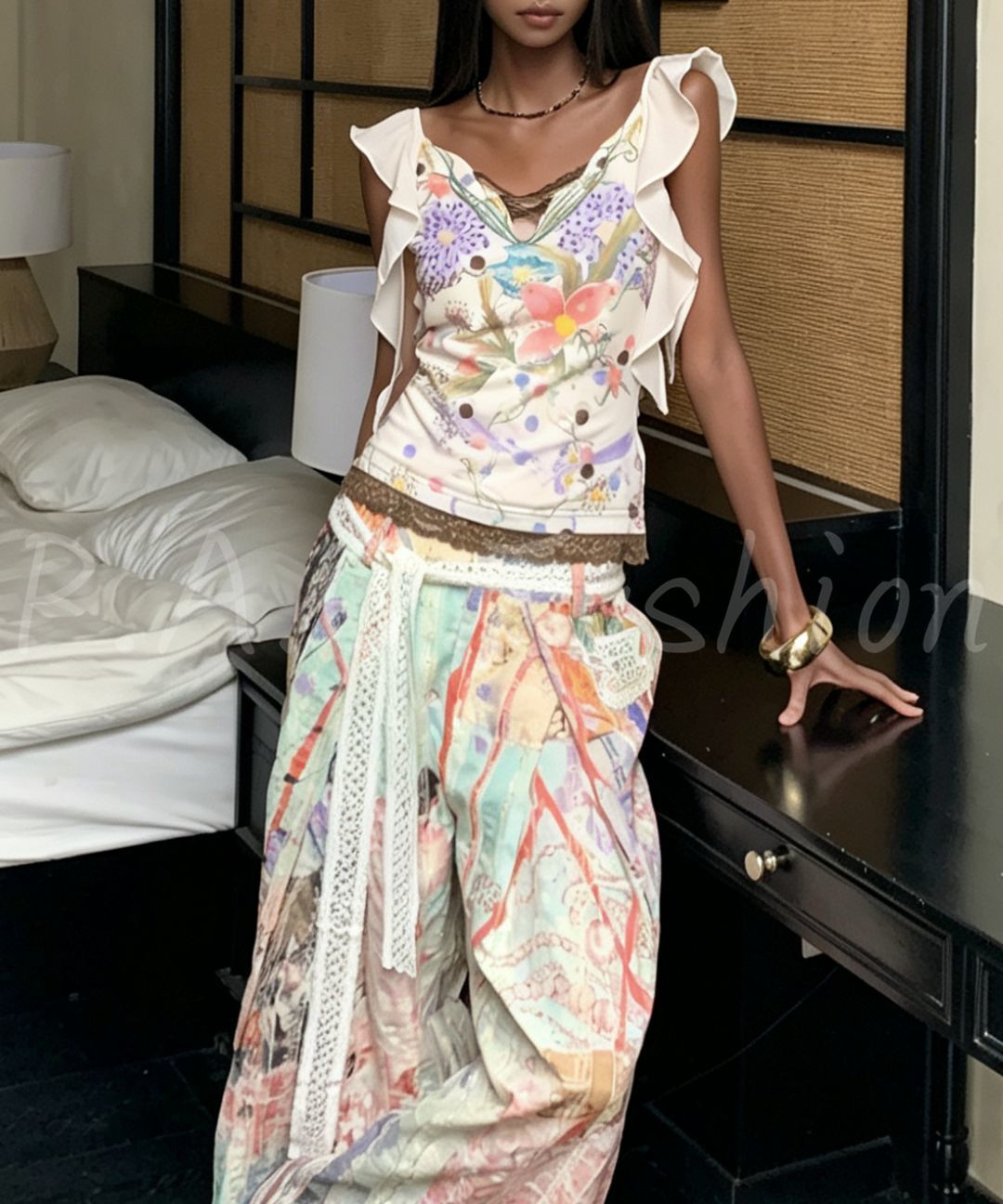 French Hand-Painted Floral Cami & Wide-Leg Pants Set