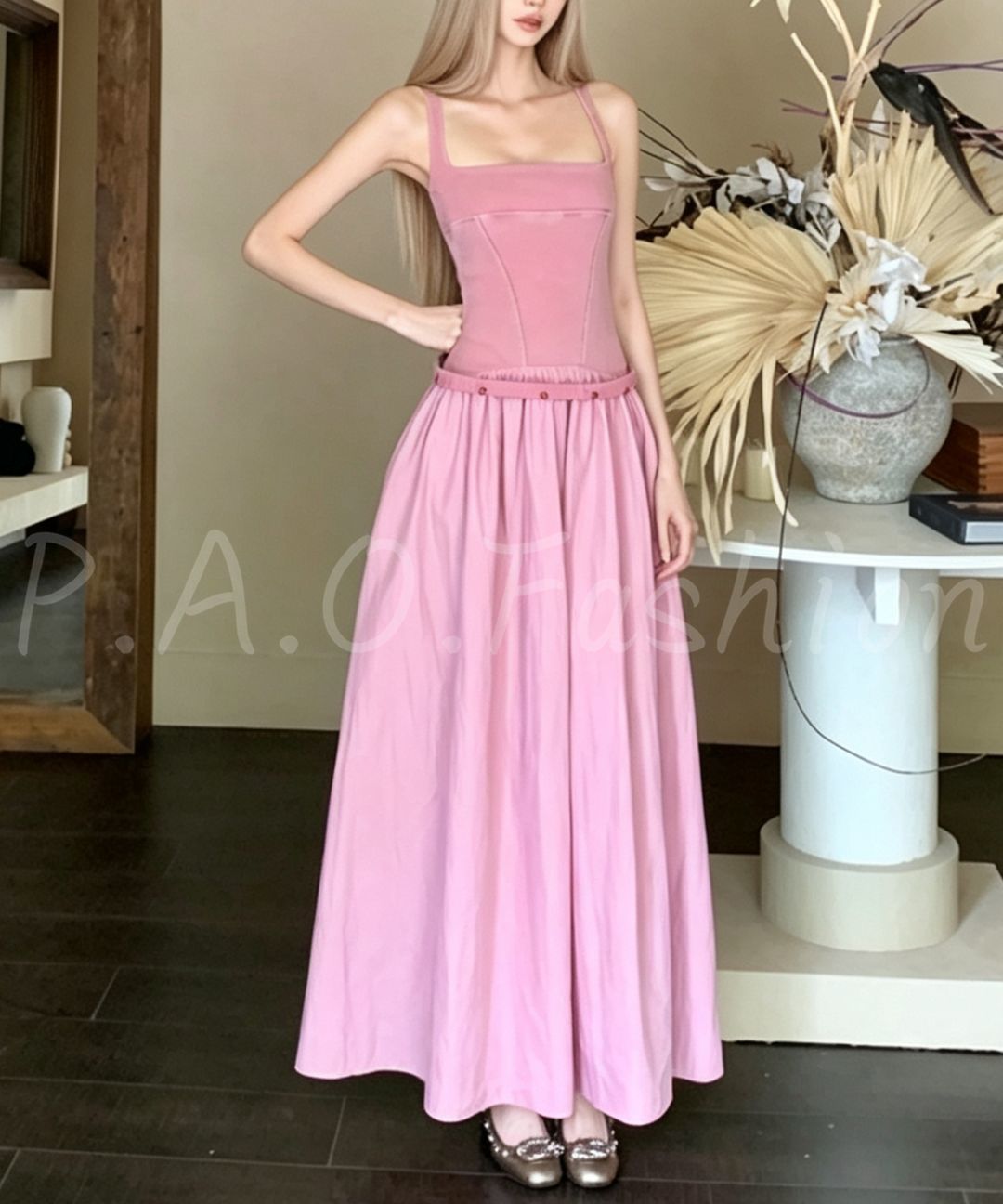 Vintage Washed Square Neck Maxi Dress with Belt