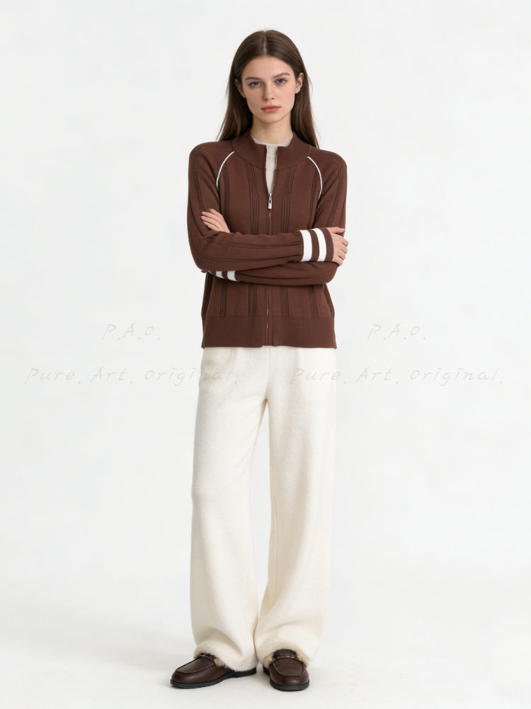 Vintage Contrast-Trim Zip Knit Cardigan