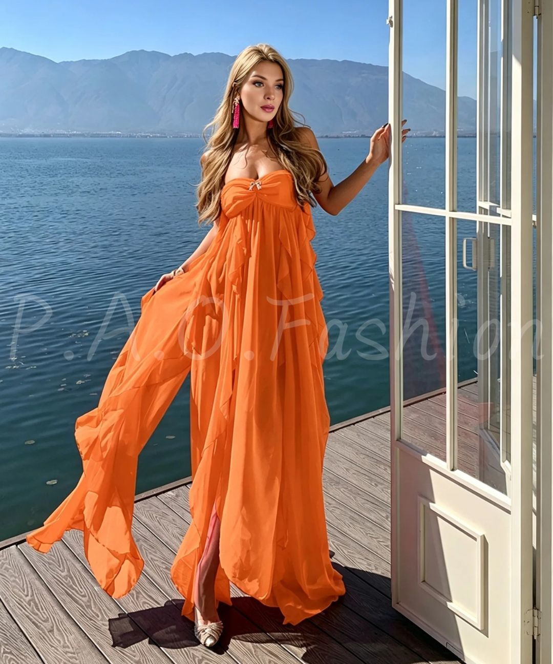 Rhinestone Bow Bandeau Ruffle Slit Chiffon Maxi Dress