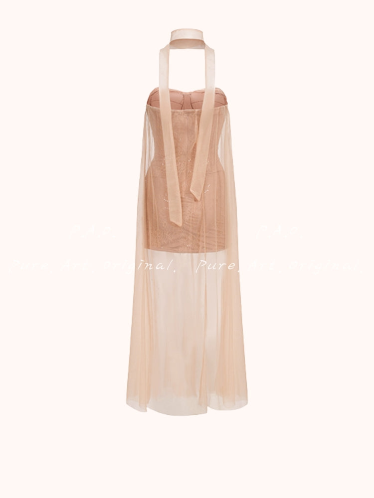 Strapless Mesh Train Maxi Dress