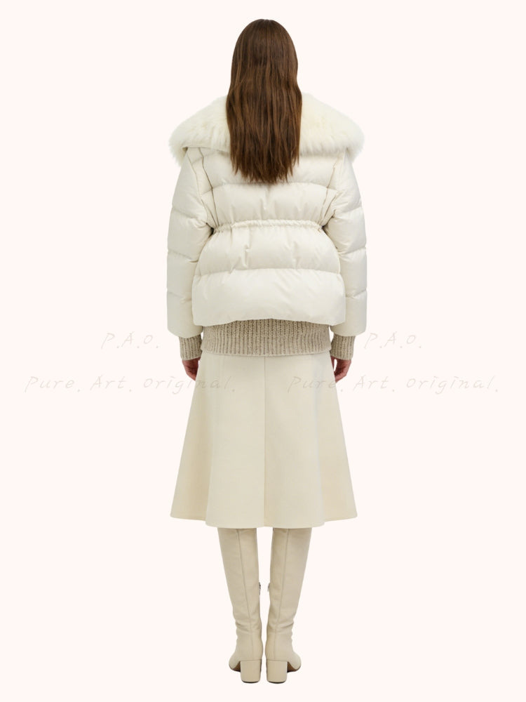 Warm Down Jacket with Turn-Down Collar & Detachable Fur Trim