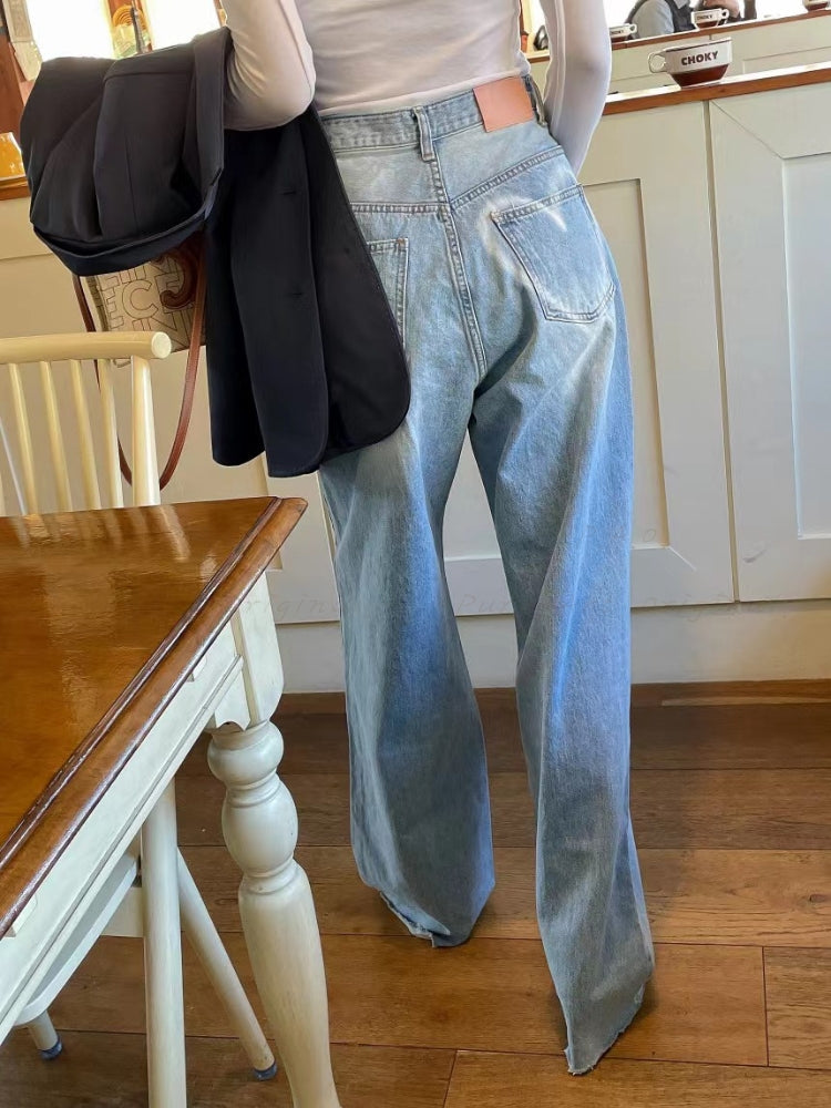 Vintage High-Waist Heart Print Washed Wide-Leg Jeans