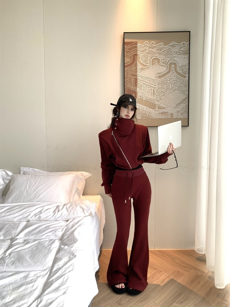 Slim-Fit Asymmetrical Zip Mock Neck Sweatshirt & Flared Pants Set