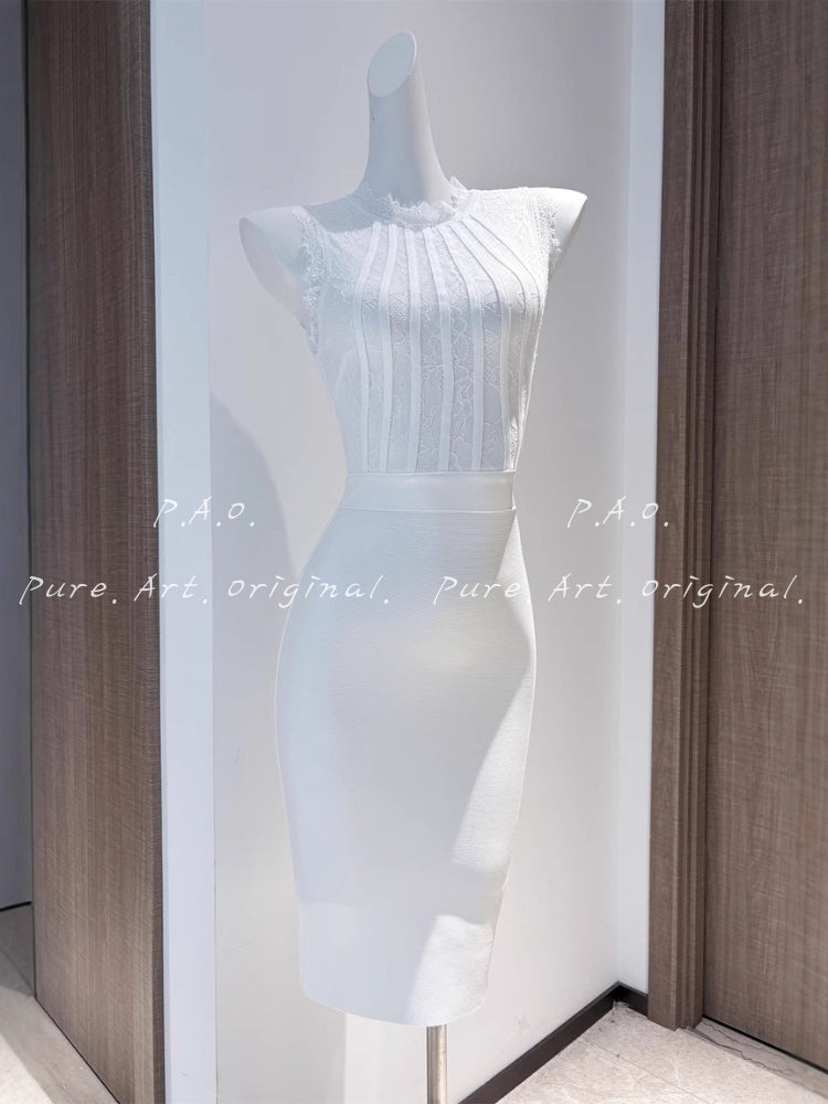Lace High-Neck Sculpting Bandage Midi Dress