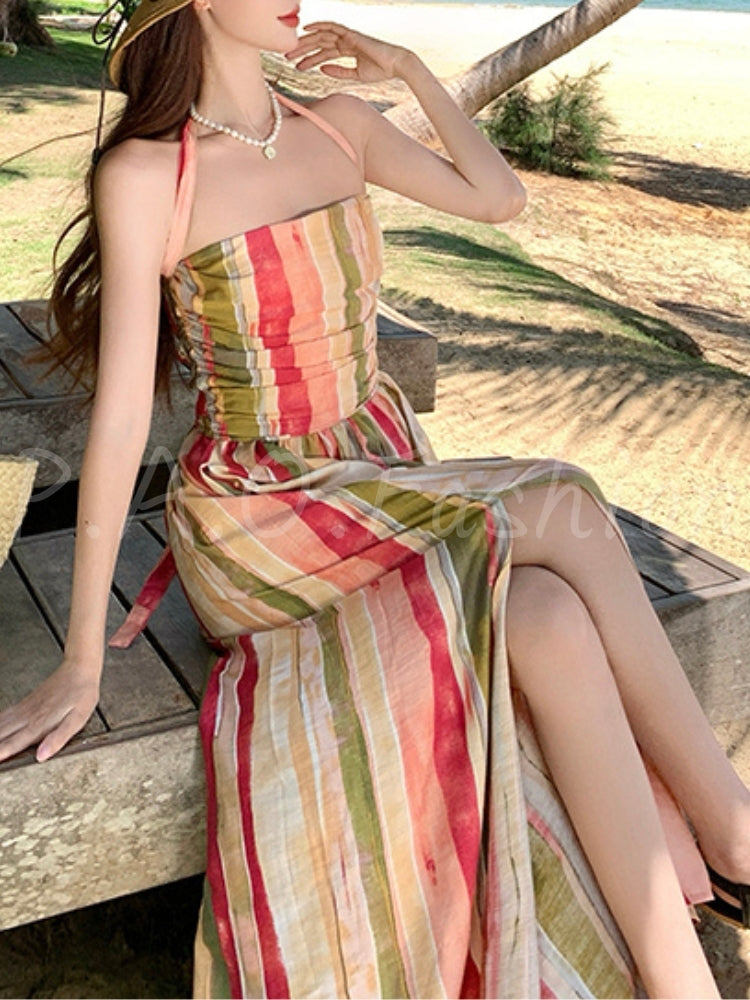 Tie-Dye Stripe Bandeau Flowy Maxi Dress