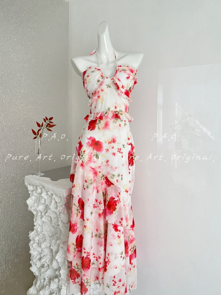 Floral Halter Chiffon Maxi Dress
