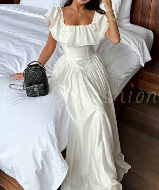 Off-Shoulder Ruffle Corset Maxi Dress