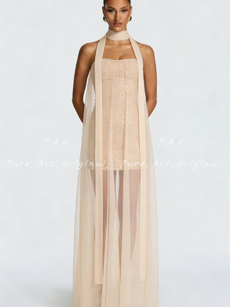Strapless Mesh Train Maxi Dress