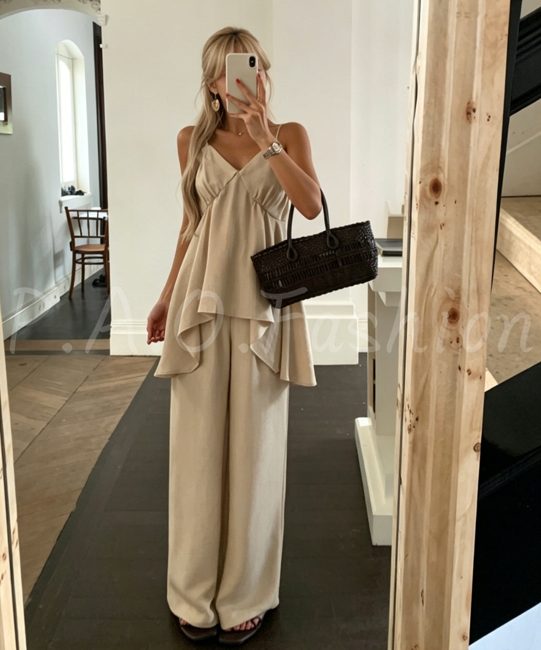 Asymmetrical V-Neck Spaghetti Strap Wide-Leg Two-Piece Set