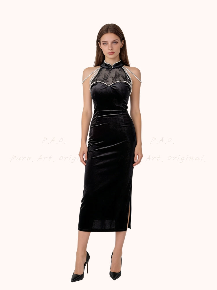 Lace Panel Velvet Midi Dress