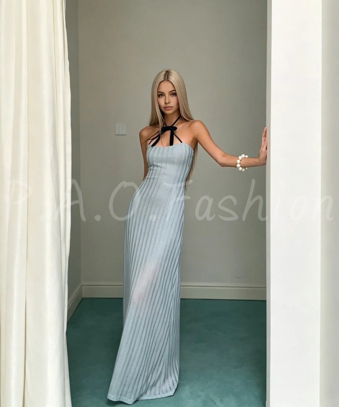 Bow Halter Ribbed Knit Mermaid Maxi Dress