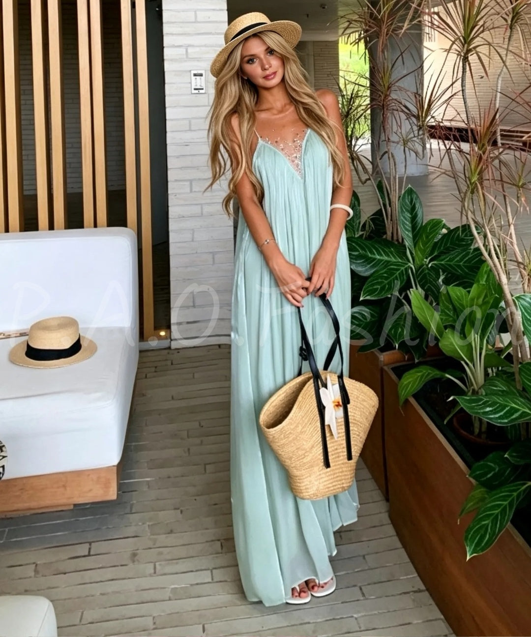 Beaded Mesh Pleated Maxi Dress