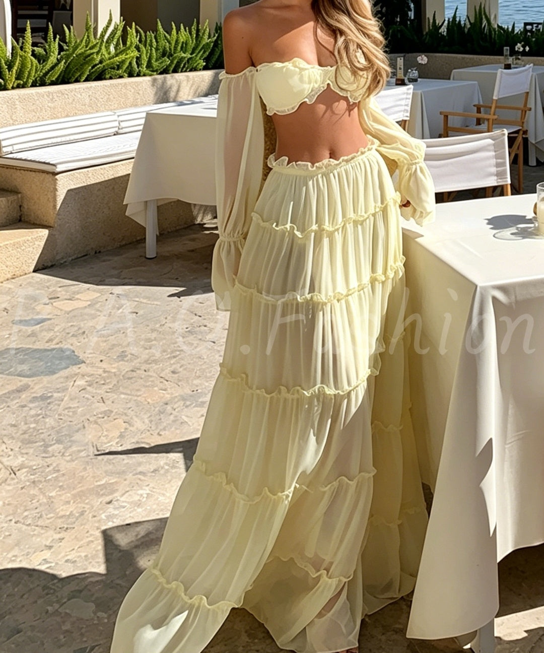 Off-Shoulder Ruffle Crop Top & Tiered Maxi Skirt Vacation Set