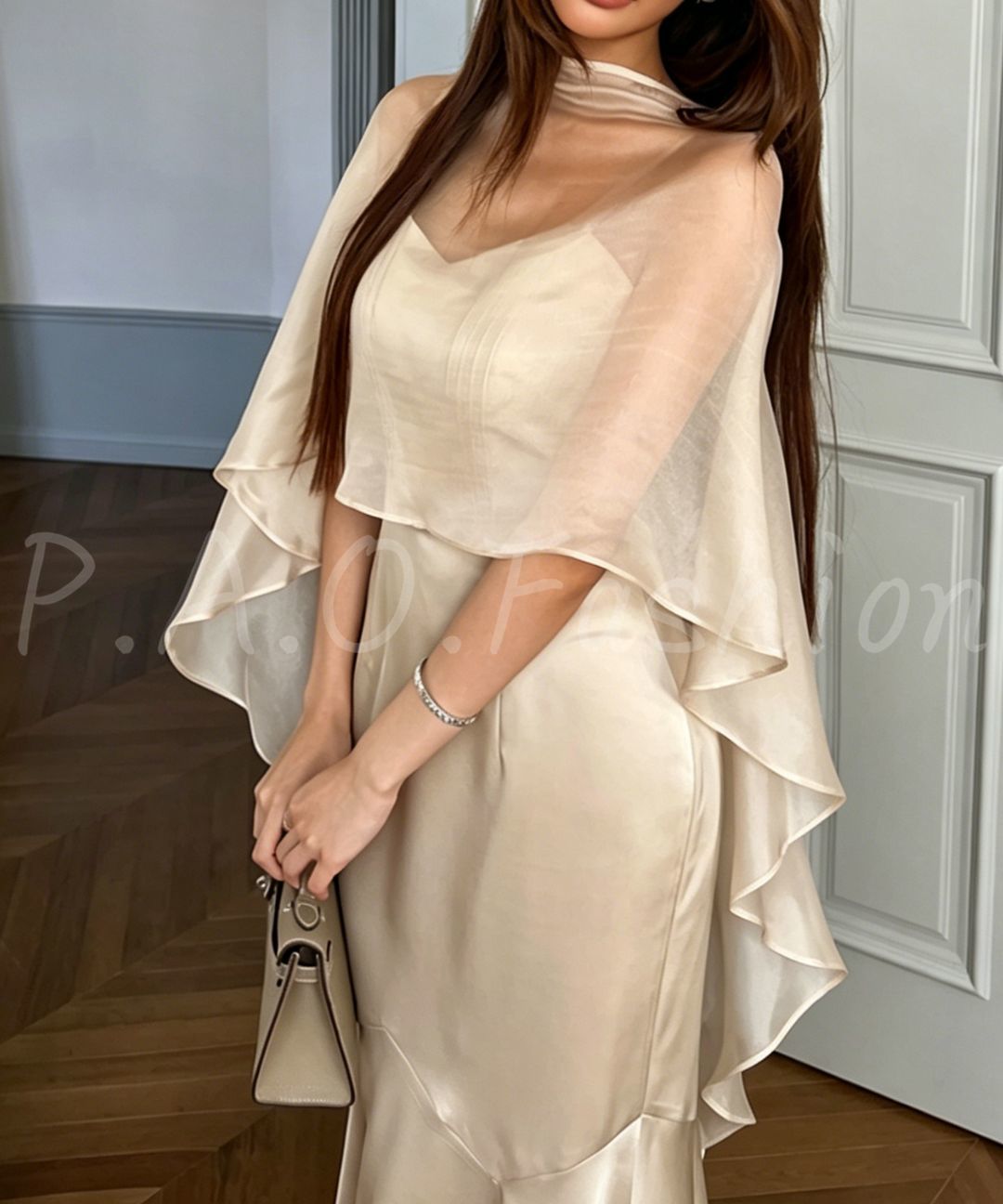 Sheer Shawl & Satin Fishtail Dress Set
