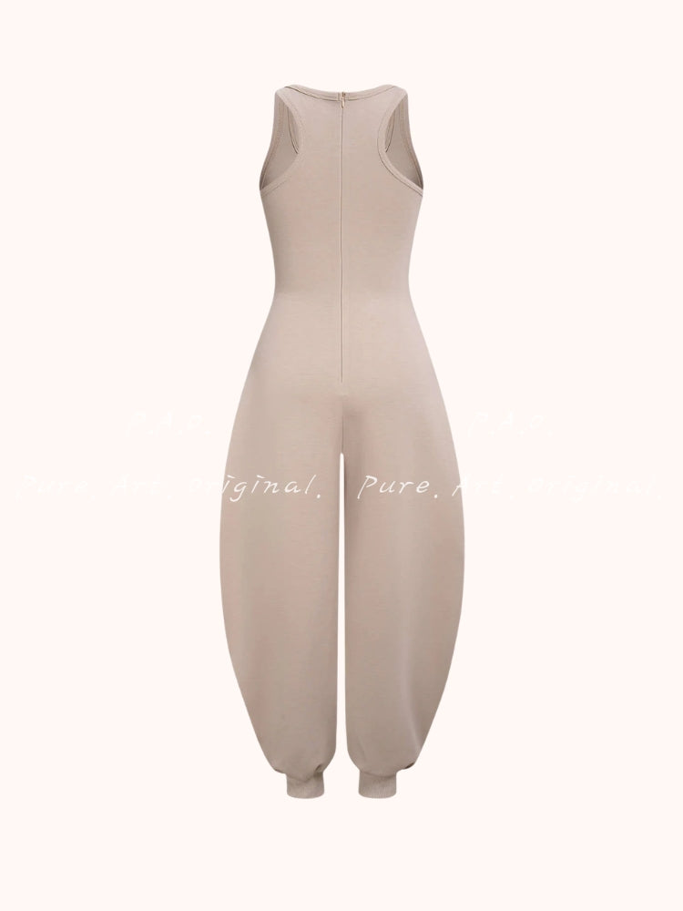 U‑Neck Contrast Striped Tie‑Up Zipper Barrel Jumpsuit