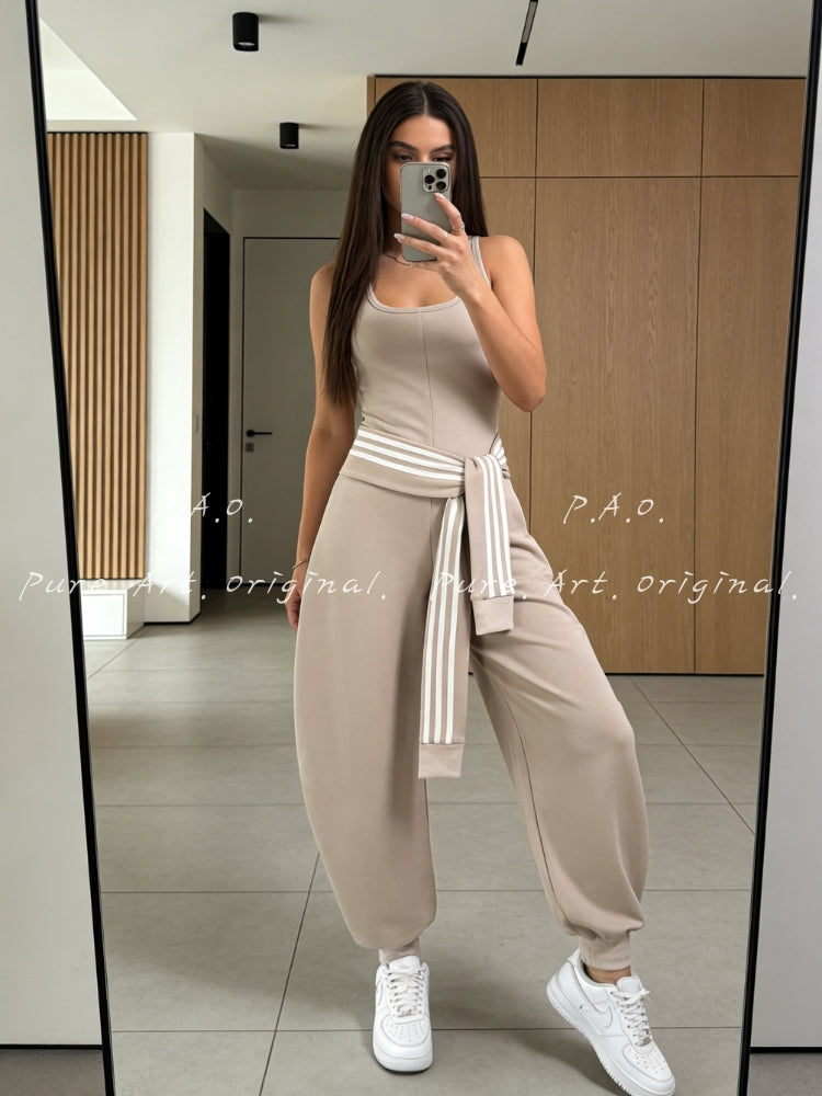 U‑Neck Contrast Striped Tie‑Up Zipper Barrel Jumpsuit