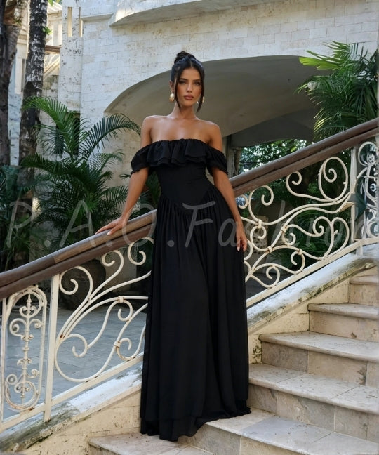 Off-Shoulder Ruffle Corset Maxi Dress