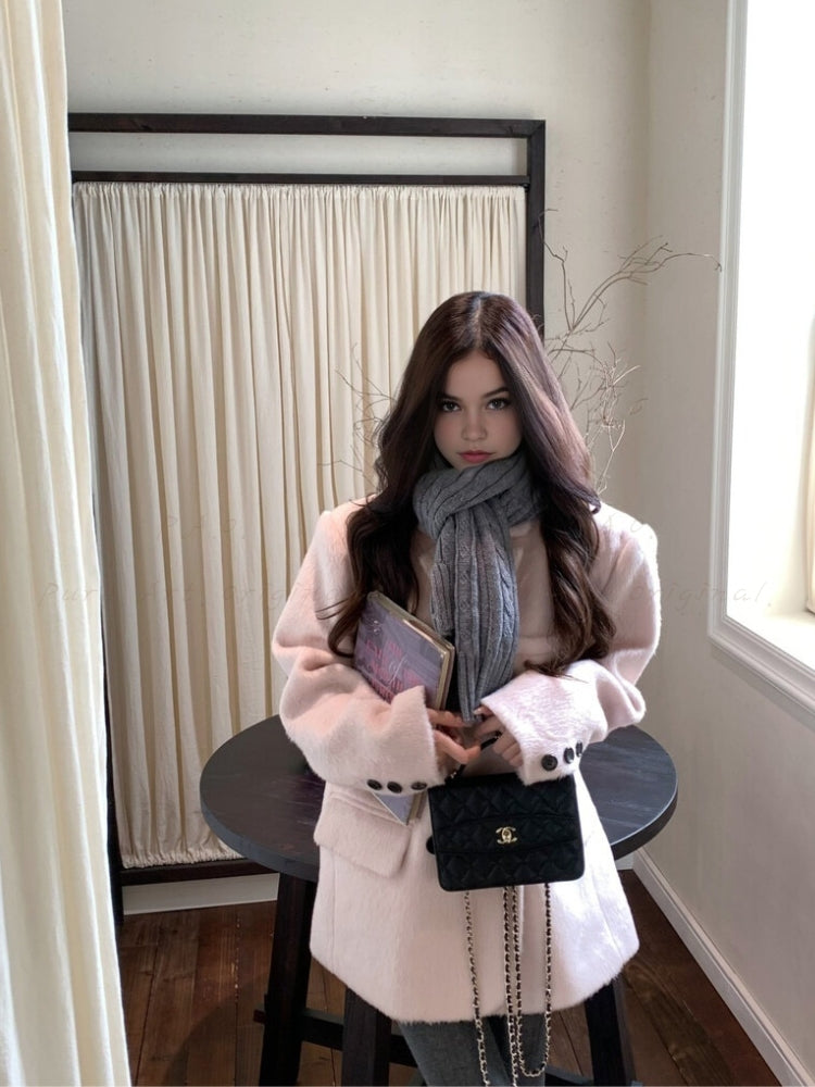 French-Inspired Pink Wool-Feel Thickened Blazer