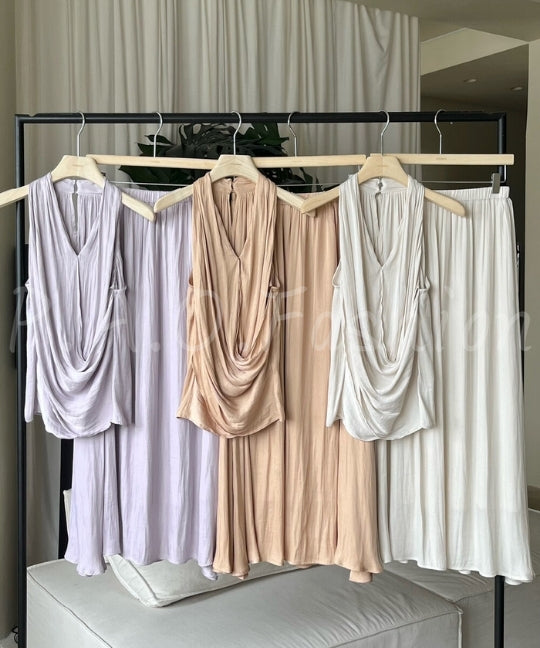 Halter Twist Top & High-Waisted Flowy Skirt Set