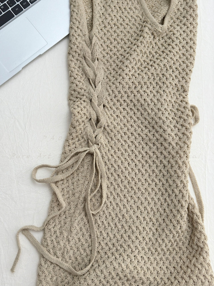 Lace-Up Cutout Knit Midi Dress