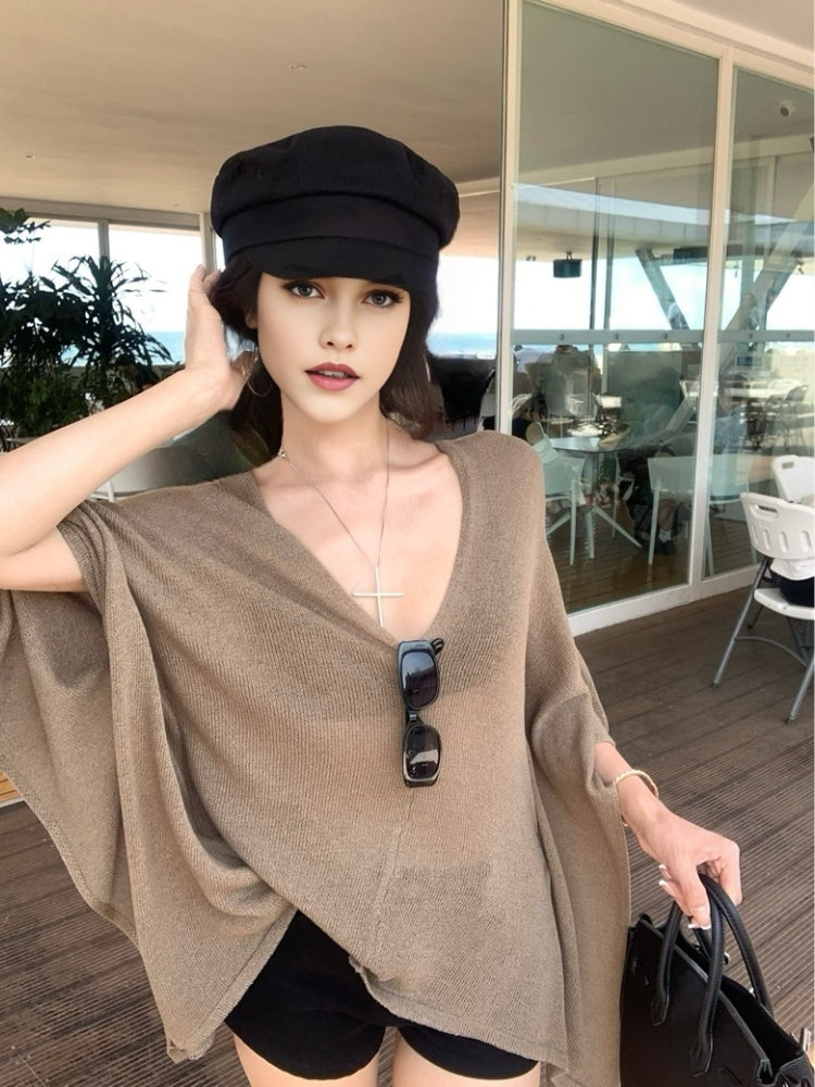 V-Neck Batwing Sleeve Cape Cover-Up