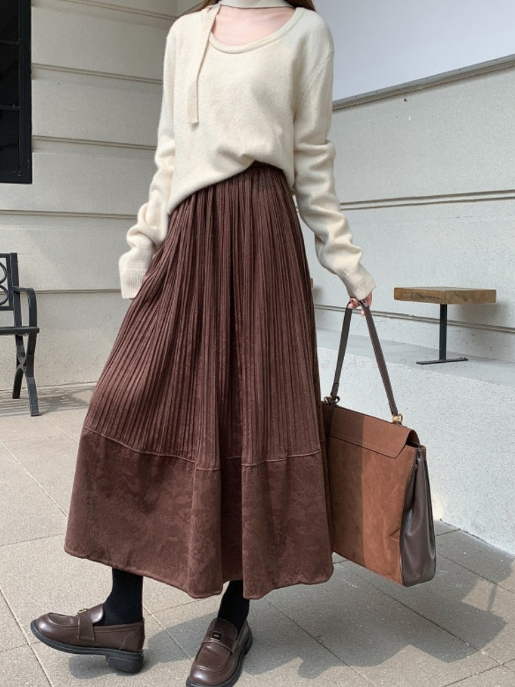 Vintage Suede-Like Pleated A-Line Skirt