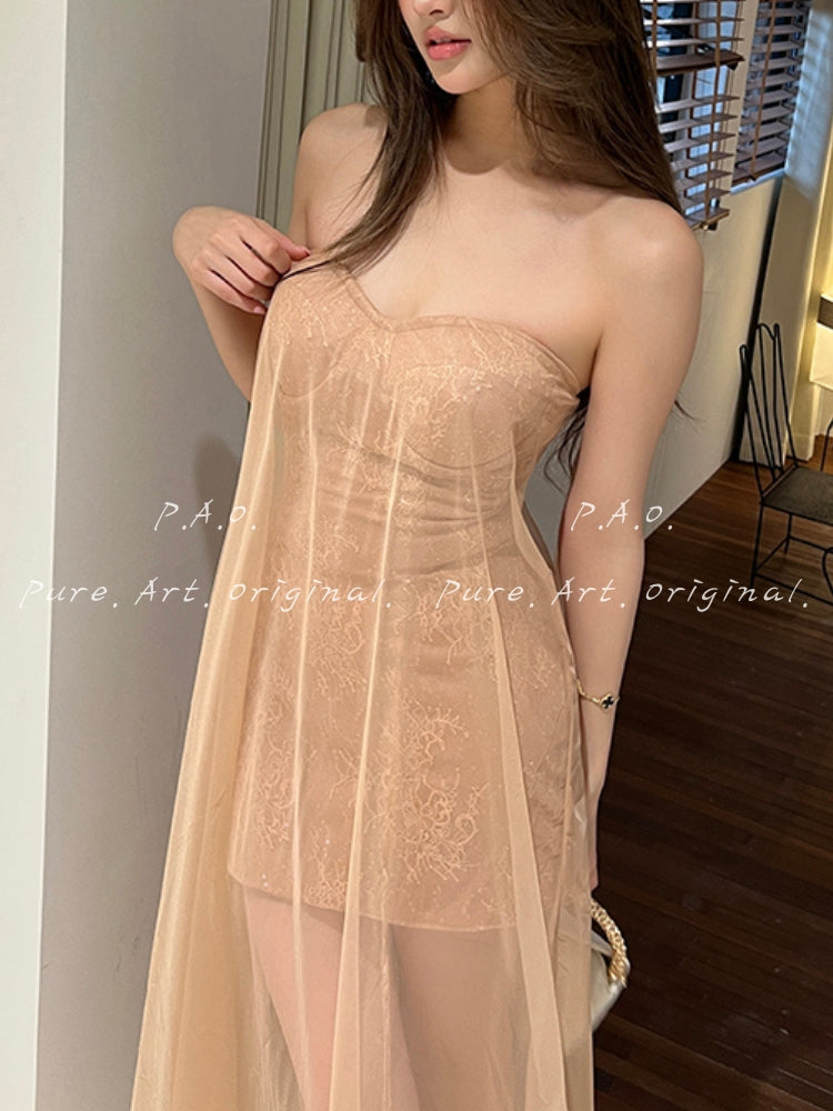 Strapless Mesh Train Maxi Dress