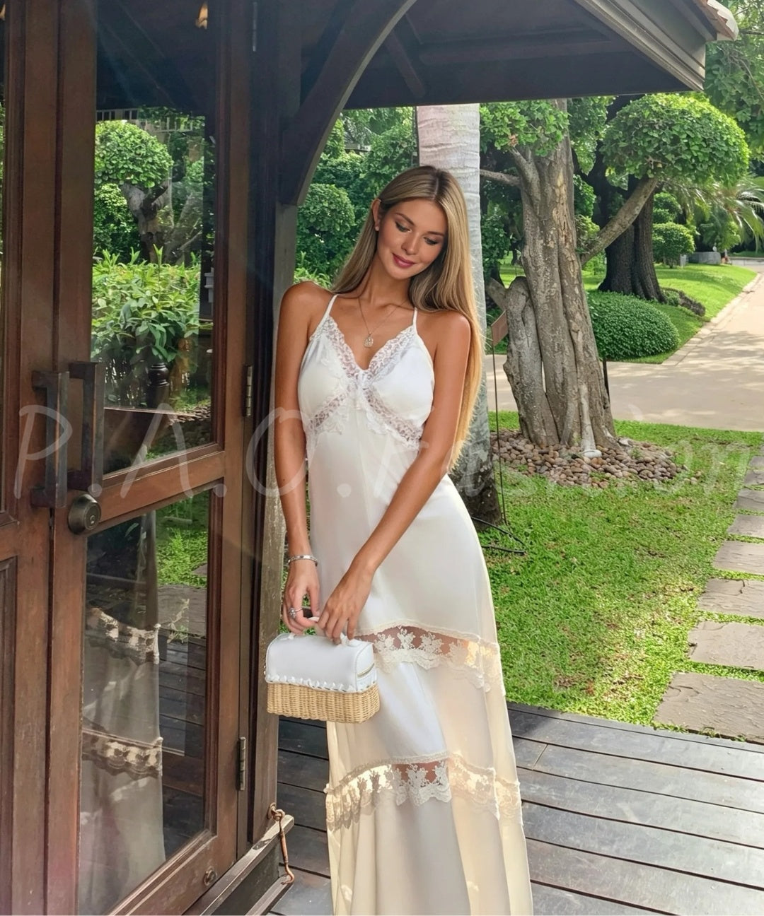 Lace Trim Satin Slip Maxi Dress