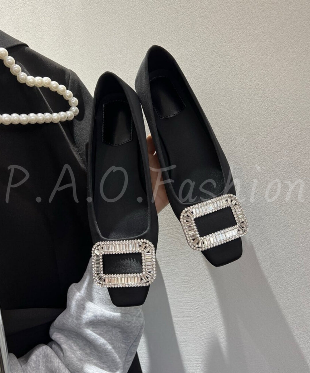 Square-Toe Satin Heels with Rhinestone Buckle