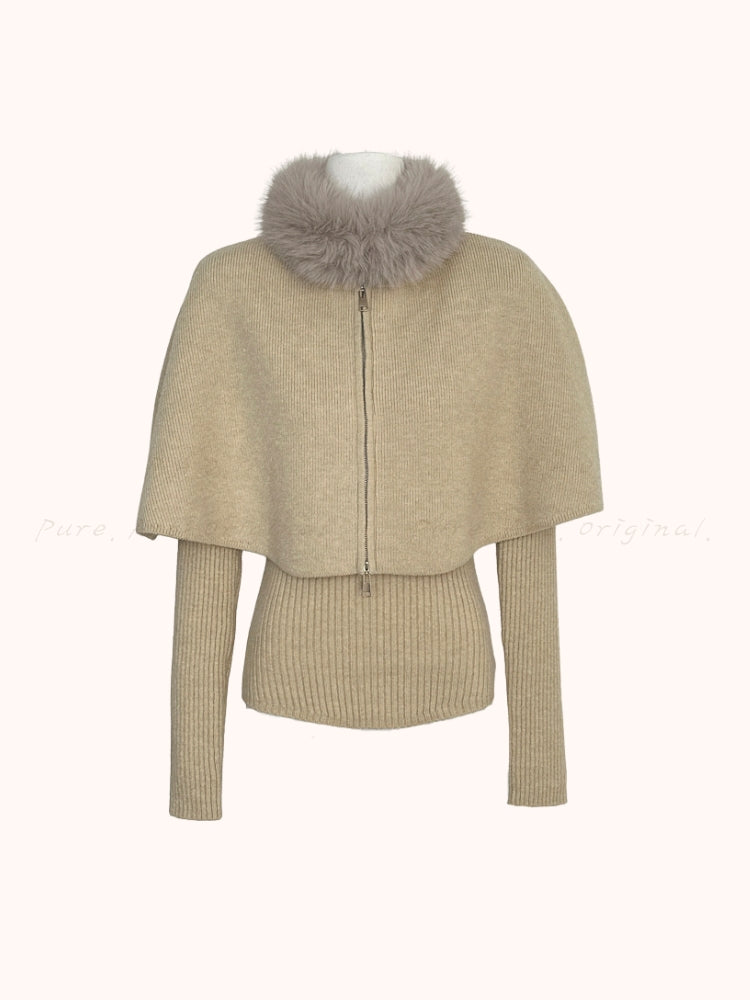 Detachable Faux Fox Fur Collar Cape Sweater Set (Multi-Way Styling)