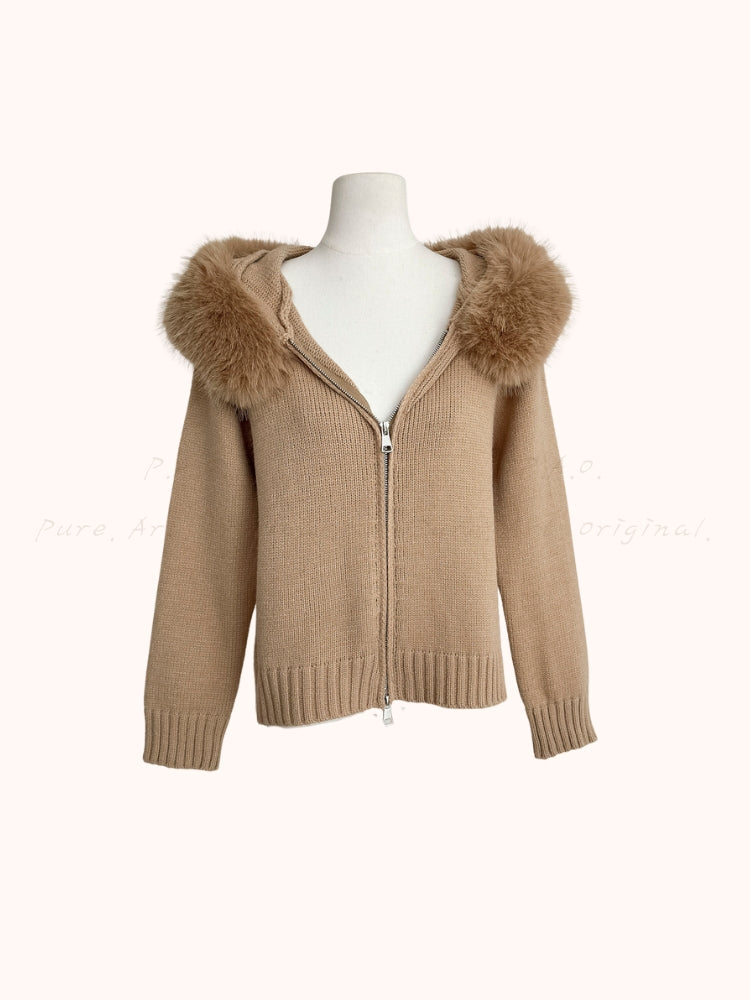 Large Faux Fox Fur Hooded Zip-Up Cardigan