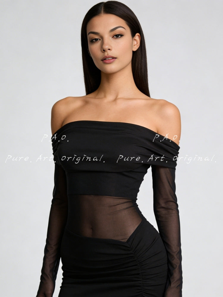 OFF-SHOULDER MESH PANEL MERMAID DRESS