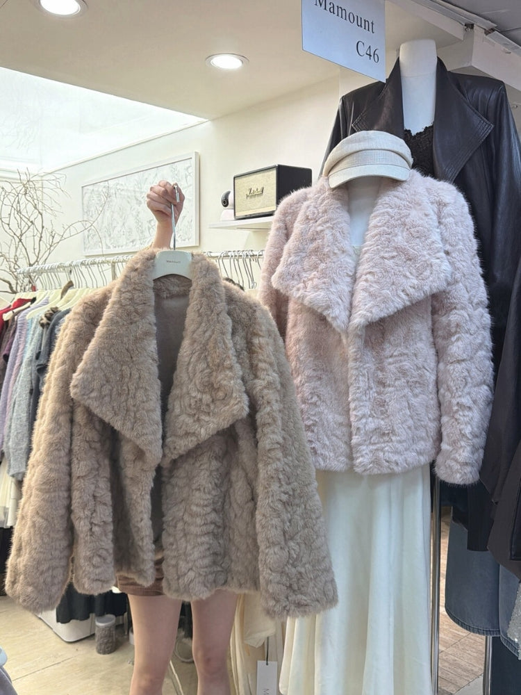 Soft Gold Mink Faux Fur Short Coat with Large Collar