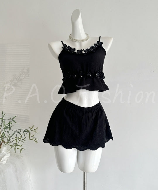 3D Floral Lace Trim Top & Bubble Texture Skirt Set[Available Now]