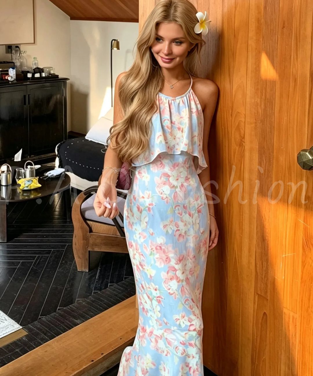 Ruffle Halter Floral Mermaid Maxi Dress