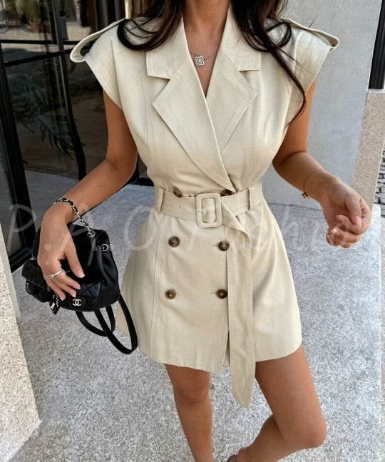 Sleeveless Double-Breasted Blazer Dress with Belt