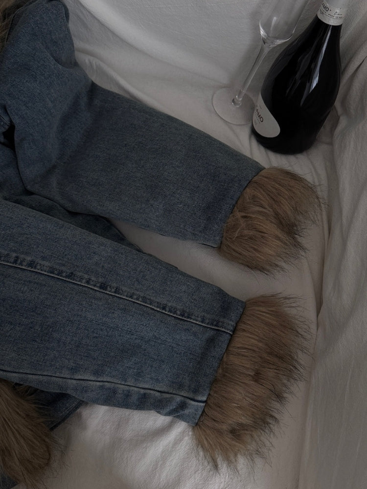 Washed Denim Faux-Fur Patchwork Puffer Jacket