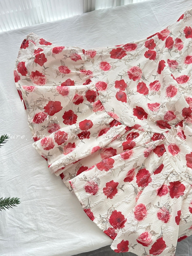 ROSE PRINT OFF-SHOULDER MINI DRESS