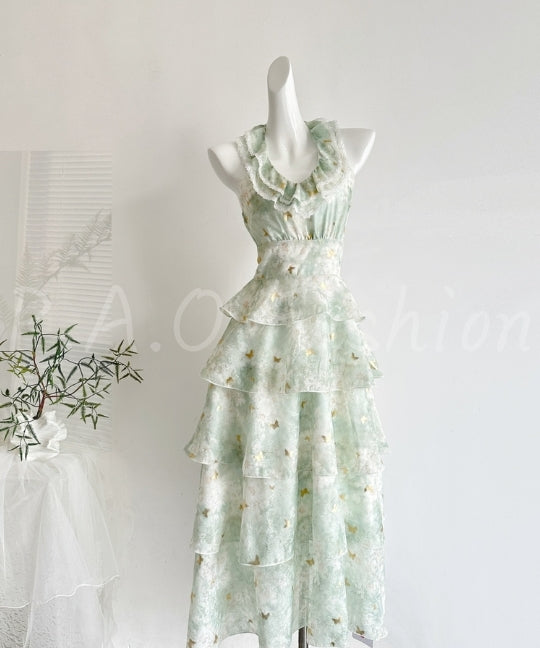Foil Butterfly Print Halter Tiered Maxi Dress[Available Now]