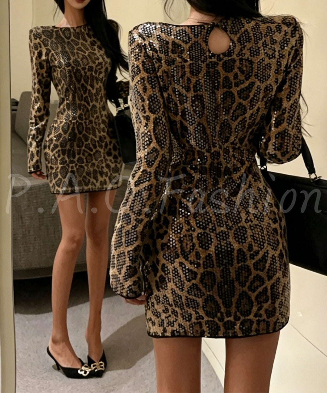Leopard Sequin Long-Sleeve Bodycon Dress[Available Now]