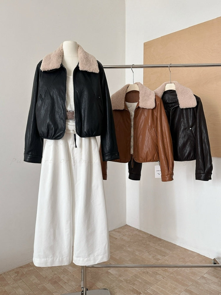 Notched Collar Leather-Style Jacket