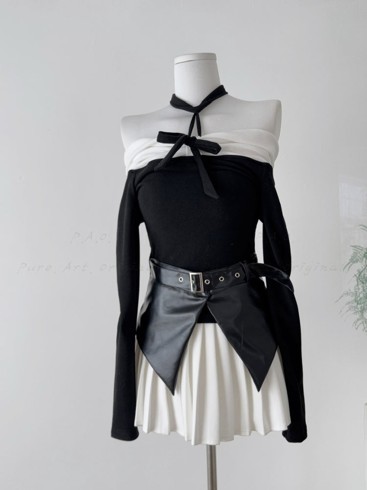 Contrast Off-Shoulder Halter Top & Pleated Skirt Set